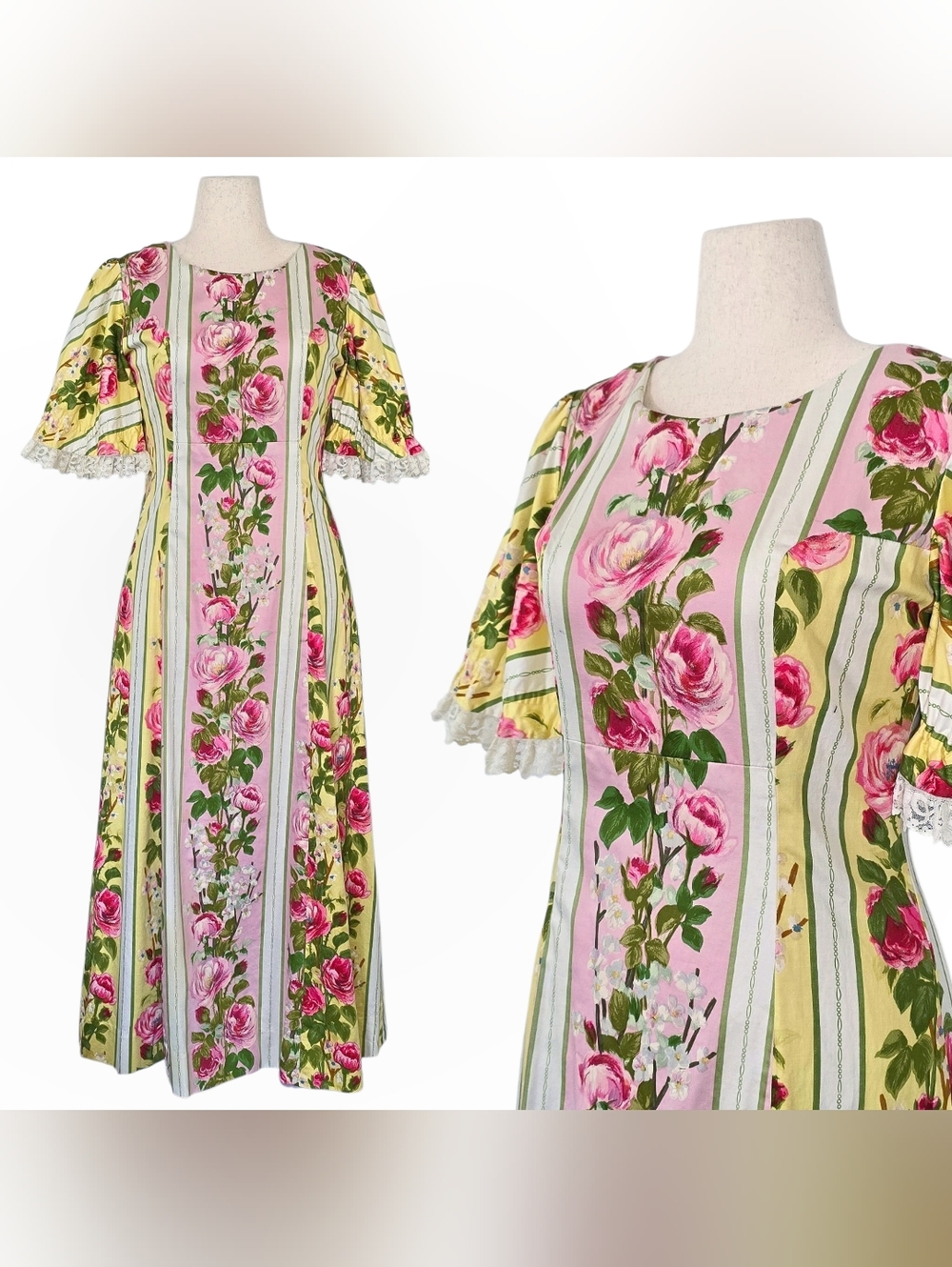 1960s Vintage Dress 60s Floral Maxi Small Medium Pink Yellow Stripes Peonies Vtg